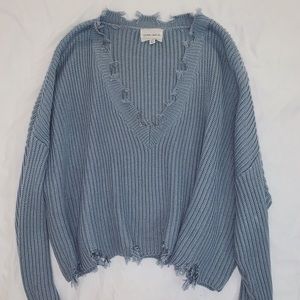 Blue V-Neck Cropped Sweater (Distressed Trim)